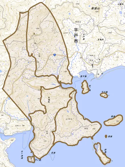 木場町とその周辺の地図。町の範囲を重ねている