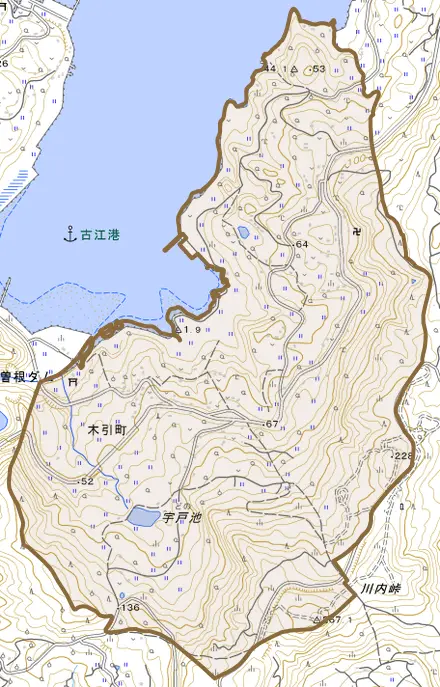 木引町とその周辺の地図。町の範囲を重ねている