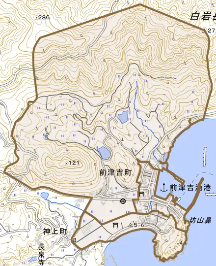 前津吉町とその周辺の地図。町の範囲を重ねている