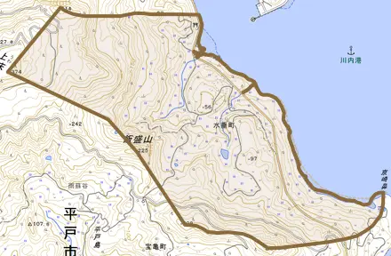 水垂町とその周辺の地図。町の範囲を重ねている