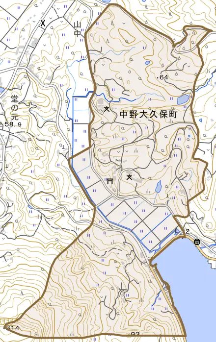 中野大久保町とその周辺の地図。町の範囲を重ねている