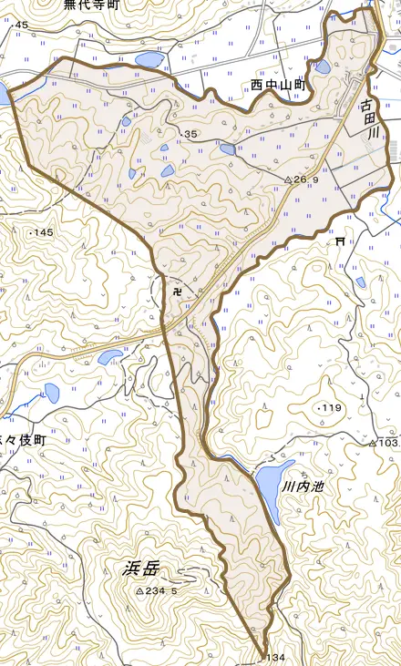 西中山町とその周辺の地図。町の範囲を重ねている
