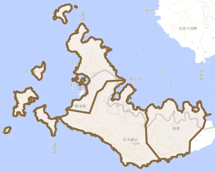 野子町とその周辺の地図。町の範囲を重ねている