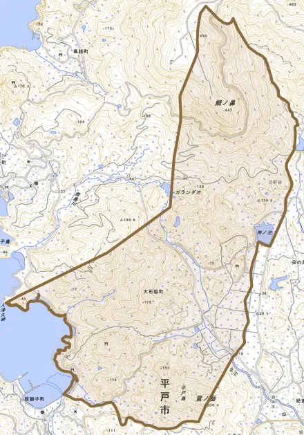 大石脇町とその周辺の地図。町の範囲を重ねている