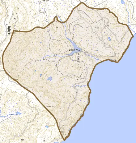 大川原町とその周辺の地図。町の範囲を重ねている