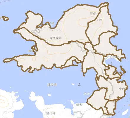 大久保町とその周辺の地図。町の範囲を重ねている