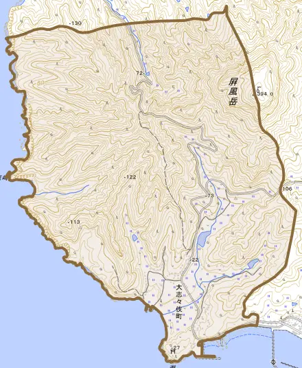 大志々伎町とその周辺の地図。町の範囲を重ねている