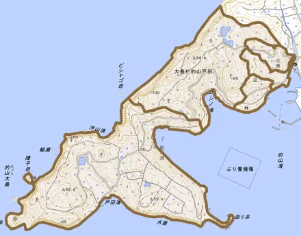大島村的山戸田とその周辺の地図。町の範囲を重ねている
