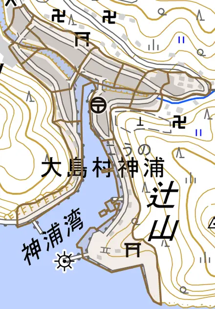 大島村神浦とその周辺の地図。町の範囲を重ねている