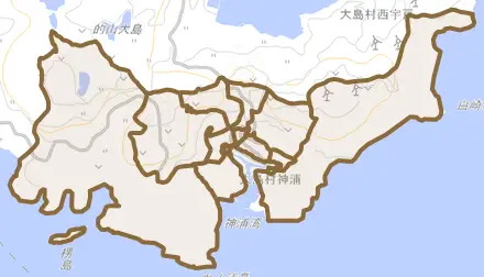 大島村前平とその周辺の地図。町の範囲を重ねている
