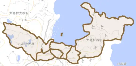 大島村西宇戸とその周辺の地図。町の範囲を重ねている