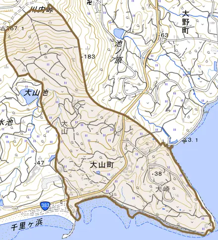 大山町とその周辺の地図。町の範囲を重ねている