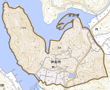 神船町とその周辺の地図。町の範囲を重ねている