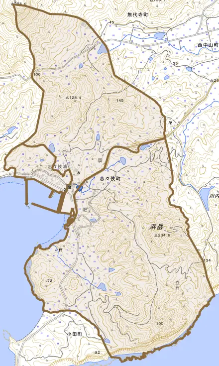 志々伎町とその周辺の地図。町の範囲を重ねている