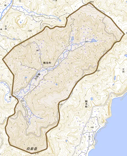 敷佐町とその周辺の地図。町の範囲を重ねている