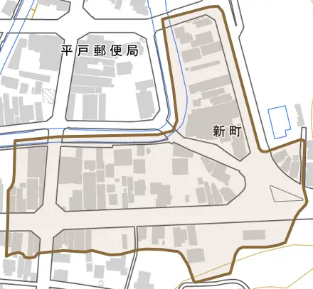 新町とその周辺の地図。町の範囲を重ねている
