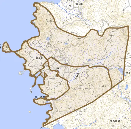 獅子町とその周辺の地図。町の範囲を重ねている