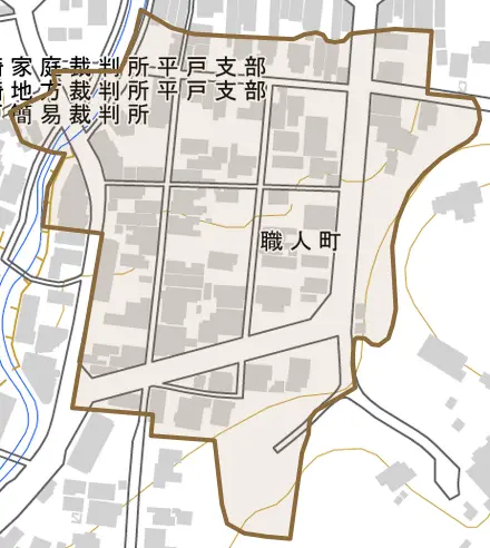職人町とその周辺の地図。町の範囲を重ねている
