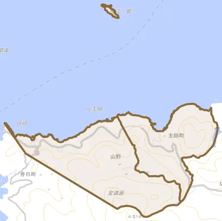 主師町とその周辺の地図。町の範囲を重ねている