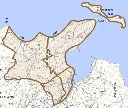 田平町大久保免とその周辺の地図。町の範囲を重ねている