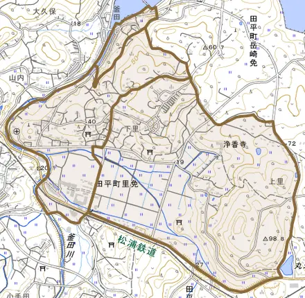 田平町里免とその周辺の地図。町の範囲を重ねている