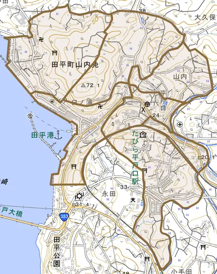 田平町山内免とその周辺の地図。町の範囲を重ねている