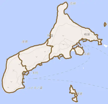 度島町とその周辺の地図。町の範囲を重ねている