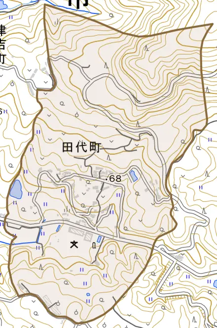 田代町とその周辺の地図。町の範囲を重ねている