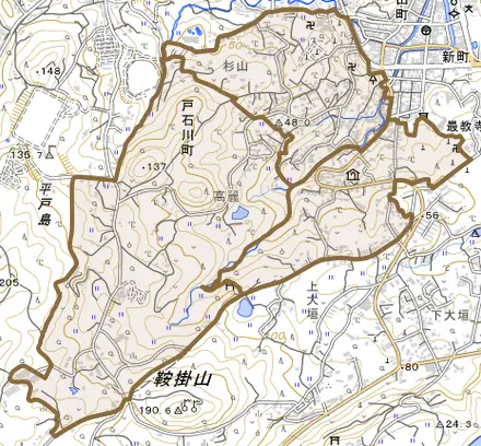 戸石川町とその周辺の地図。町の範囲を重ねている