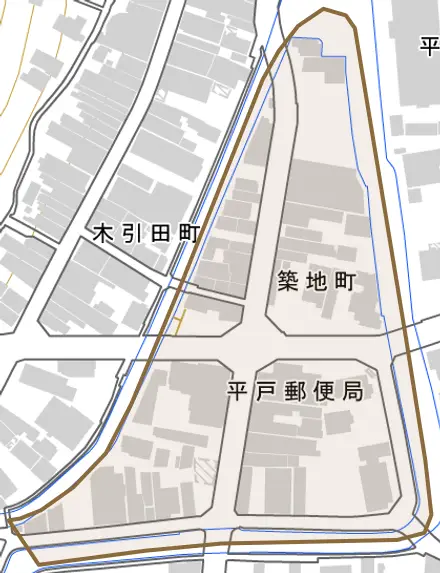 築地町とその周辺の地図。町の範囲を重ねている