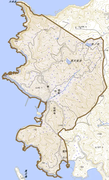 堤町とその周辺の地図。町の範囲を重ねている