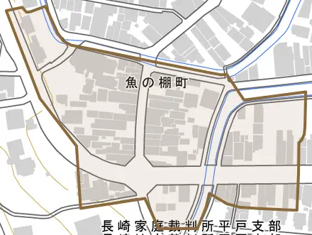 魚の棚町とその周辺の地図。町の範囲を重ねている