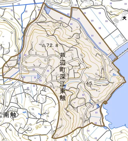 芦辺町深江東触とその周辺の地図。町の範囲を重ねている