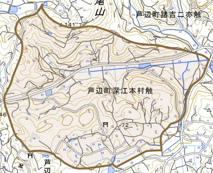 芦辺町深江本村触とその周辺の地図。町の範囲を重ねている