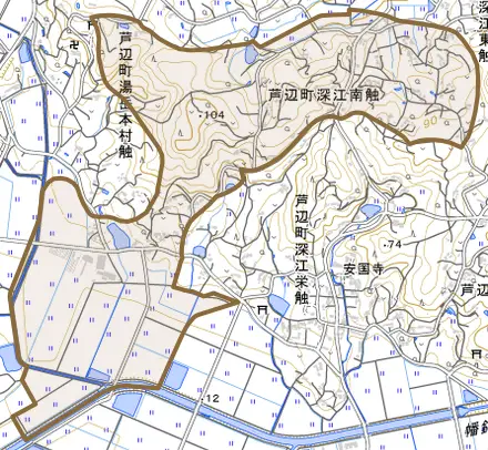 芦辺町深江南触とその周辺の地図。町の範囲を重ねている