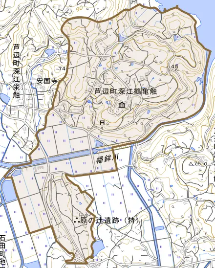 芦辺町深江鶴亀触とその周辺の地図。町の範囲を重ねている