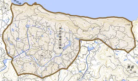芦辺町箱崎江角触とその周辺の地図。町の範囲を重ねている