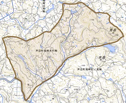芦辺町箱崎本村触とその周辺の地図。町の範囲を重ねている