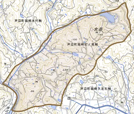 芦辺町箱崎釘ノ尾触とその周辺の地図。町の範囲を重ねている