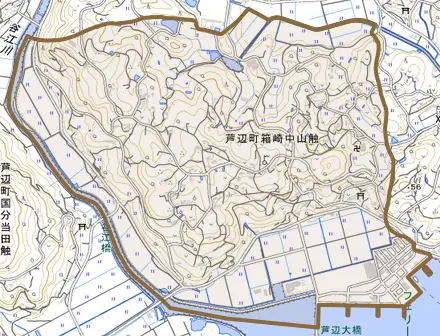 芦辺町箱崎中山触とその周辺の地図。町の範囲を重ねている