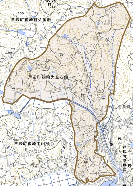 芦辺町箱崎大左右触とその周辺の地図。町の範囲を重ねている