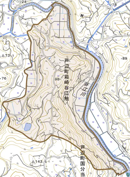 芦辺町箱崎谷江触とその周辺の地図。町の範囲を重ねている