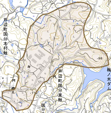 芦辺町国分東触とその周辺の地図。町の範囲を重ねている