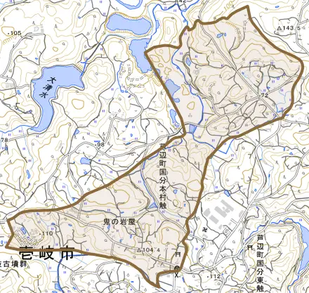 芦辺町国分本村触とその周辺の地図。町の範囲を重ねている