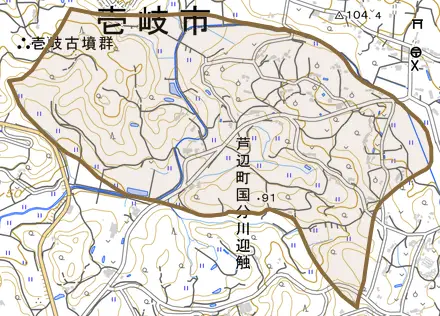 芦辺町国分川迎触とその周辺の地図。町の範囲を重ねている