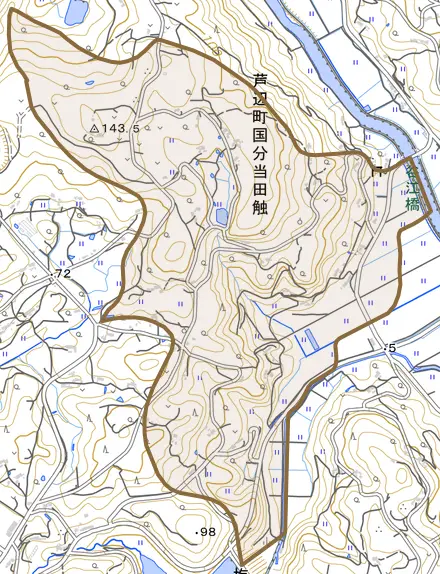 芦辺町国分当田触とその周辺の地図。町の範囲を重ねている