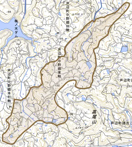 芦辺町中野郷東触とその周辺の地図。町の範囲を重ねている
