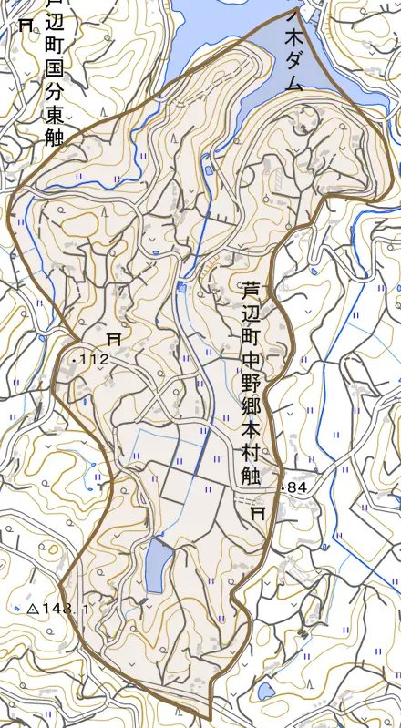 芦辺町中野郷本村触とその周辺の地図。町の範囲を重ねている