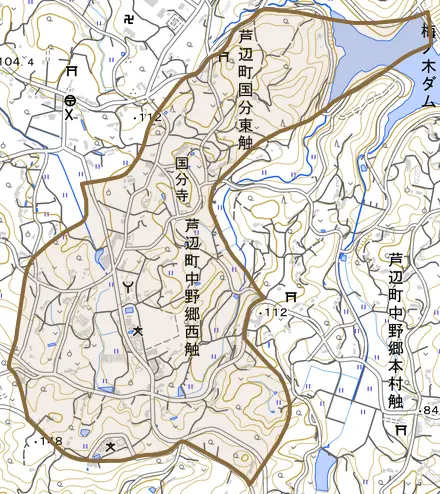 芦辺町中野郷西触とその周辺の地図。町の範囲を重ねている
