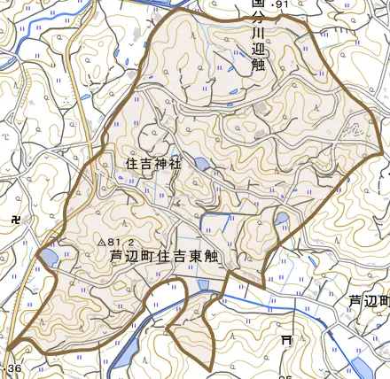 芦辺町住吉東触とその周辺の地図。町の範囲を重ねている